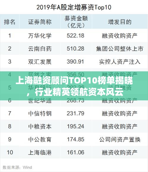 上海融资顾问TOP10榜单揭晓，行业精英领航资本风云
